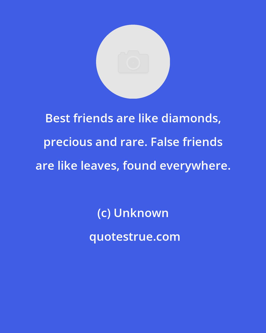 Unknown: Best friends are like diamonds, precious and rare. False friends are like leaves, found everywhere.