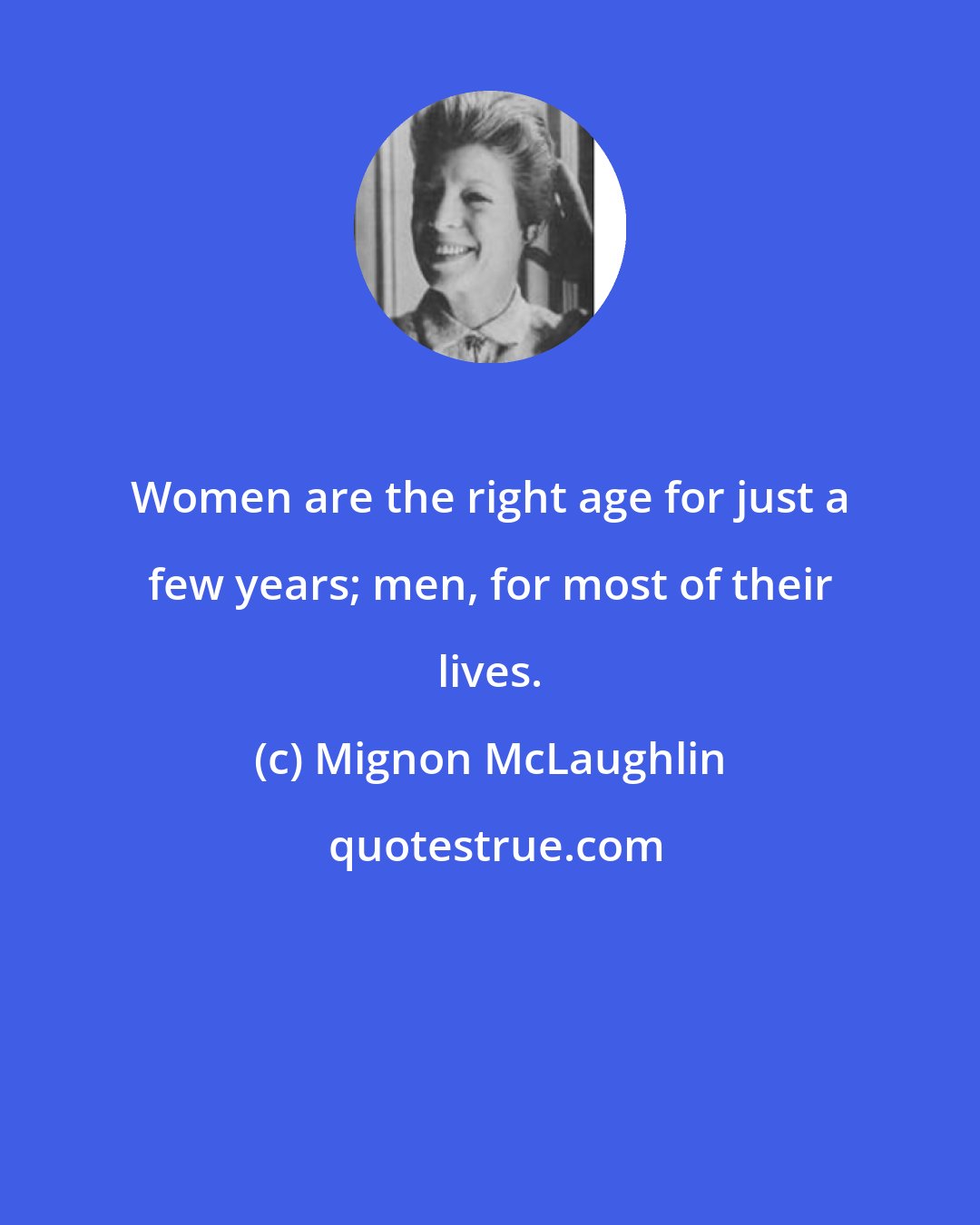 Mignon McLaughlin: Women are the right age for just a few years; men, for most of their lives.