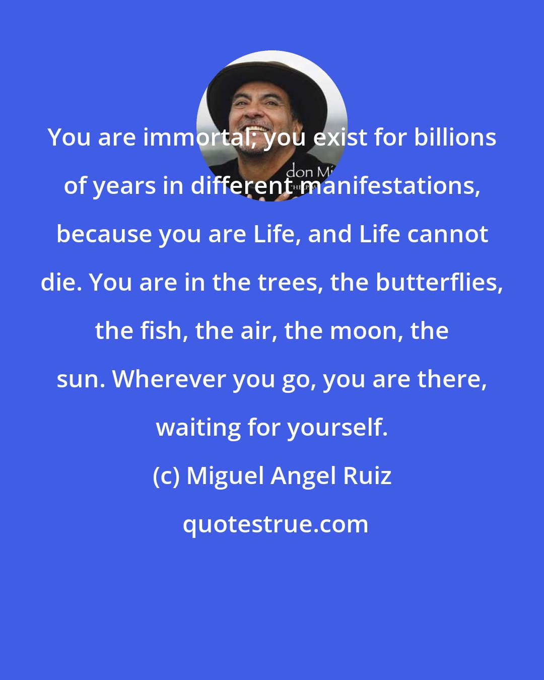 Miguel Angel Ruiz: You are immortal; you exist for billions of years in different manifestations, because you are Life, and Life cannot die. You are in the trees, the butterflies, the fish, the air, the moon, the sun. Wherever you go, you are there, waiting for yourself.