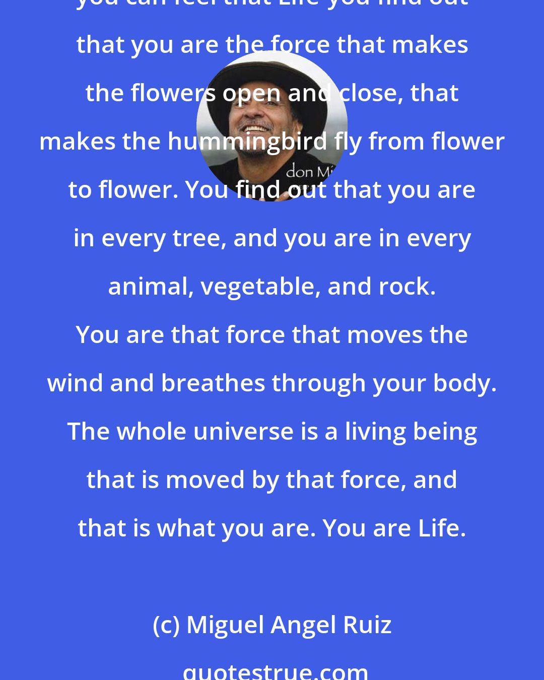 Miguel Angel Ruiz: You are Life passing through your body, passing through your mind, passing through your soul. Once you find that out, not with logic, not with the intellect, but because you can feel that Life-you find out that you are the force that makes the flowers open and close, that makes the hummingbird fly from flower to flower. You find out that you are in every tree, and you are in every animal, vegetable, and rock. You are that force that moves the wind and breathes through your body. The whole universe is a living being that is moved by that force, and that is what you are. You are Life.