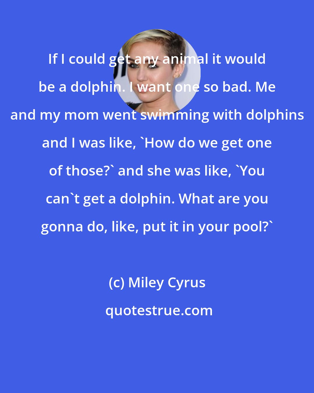 Miley Cyrus: If I could get any animal it would be a dolphin. I want one so bad. Me and my mom went swimming with dolphins and I was like, 'How do we get one of those?' and she was like, 'You can't get a dolphin. What are you gonna do, like, put it in your pool?'