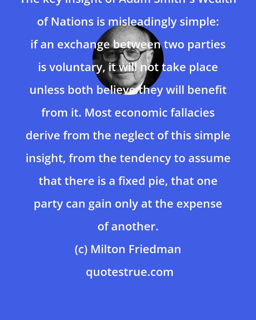 Milton Friedman: The key insight of Adam Smith's Wealth of Nations is misleadingly simple: if an exchange between two parties is voluntary, it will not take place unless both believe they will benefit from it. Most economic fallacies derive from the neglect of this simple insight, from the tendency to assume that there is a fixed pie, that one party can gain only at the expense of another.