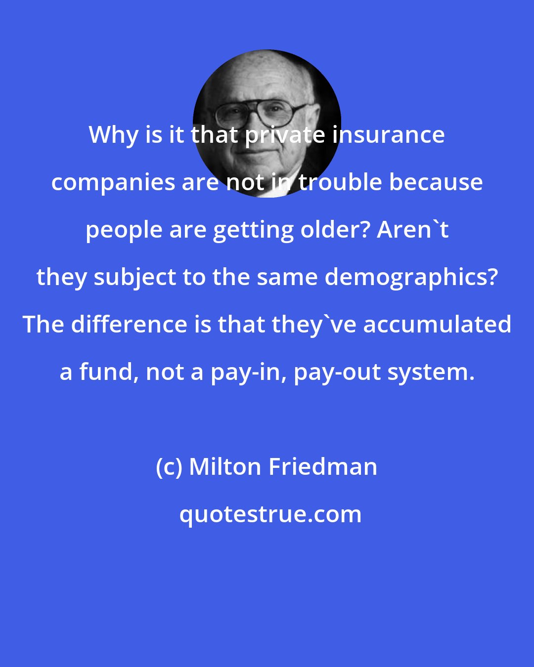 Milton Friedman: Why is it that private insurance companies are not in trouble because people are getting older? Aren't they subject to the same demographics? The difference is that they've accumulated a fund, not a pay-in, pay-out system.