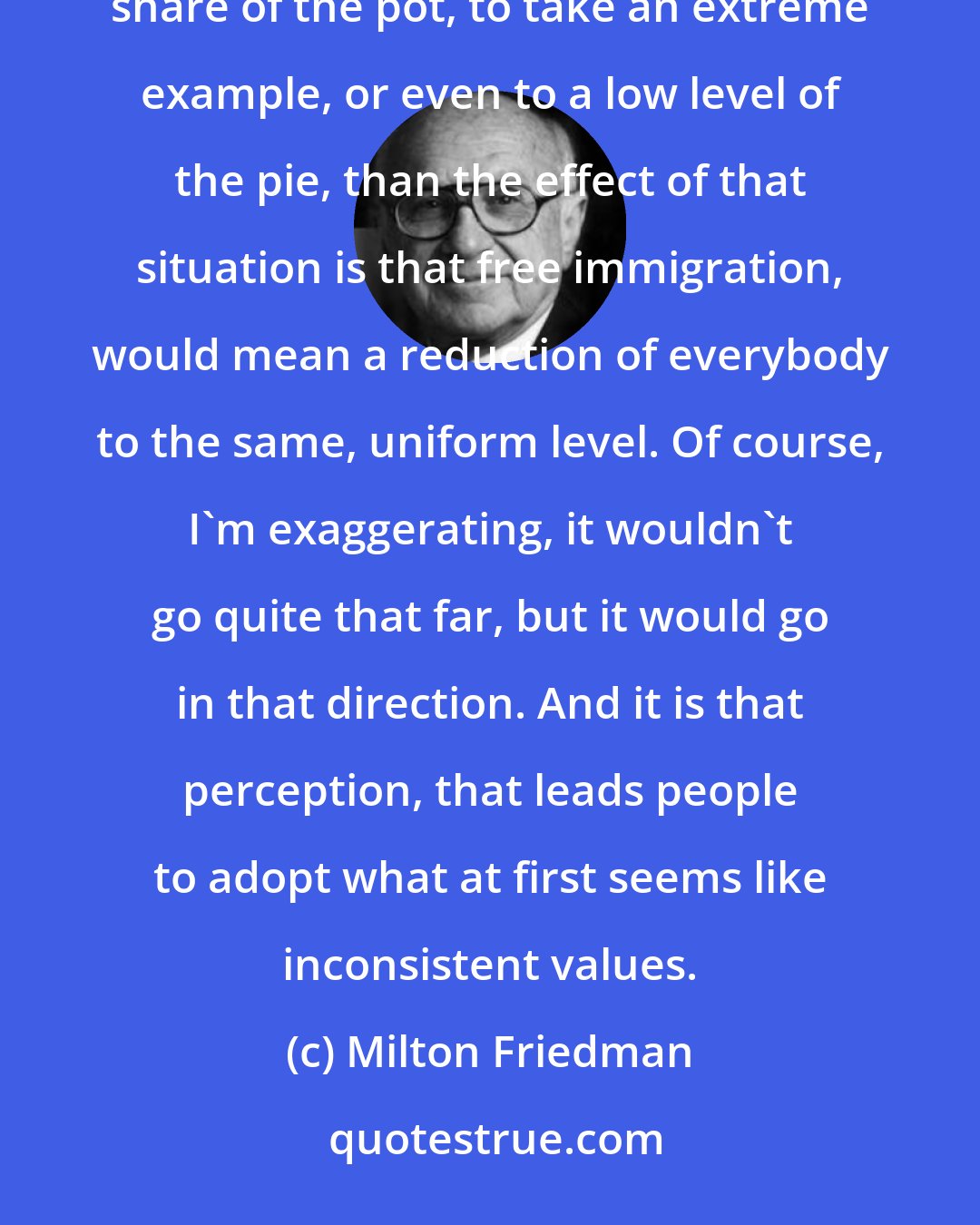 Milton Friedman: But on the other hand, if you come under circumstances where each person is entitled to a pro-rata share of the pot, to take an extreme example, or even to a low level of the pie, than the effect of that situation is that free immigration, would mean a reduction of everybody to the same, uniform level. Of course, I'm exaggerating, it wouldn't go quite that far, but it would go in that direction. And it is that perception, that leads people to adopt what at first seems like inconsistent values.