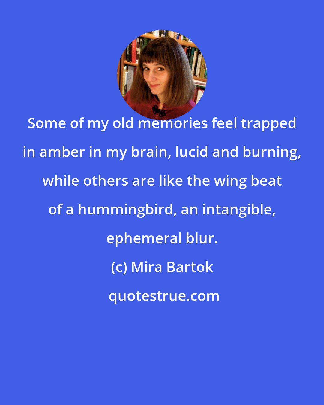 Mira Bartok: Some of my old memories feel trapped in amber in my brain, lucid and burning, while others are like the wing beat of a hummingbird, an intangible, ephemeral blur.