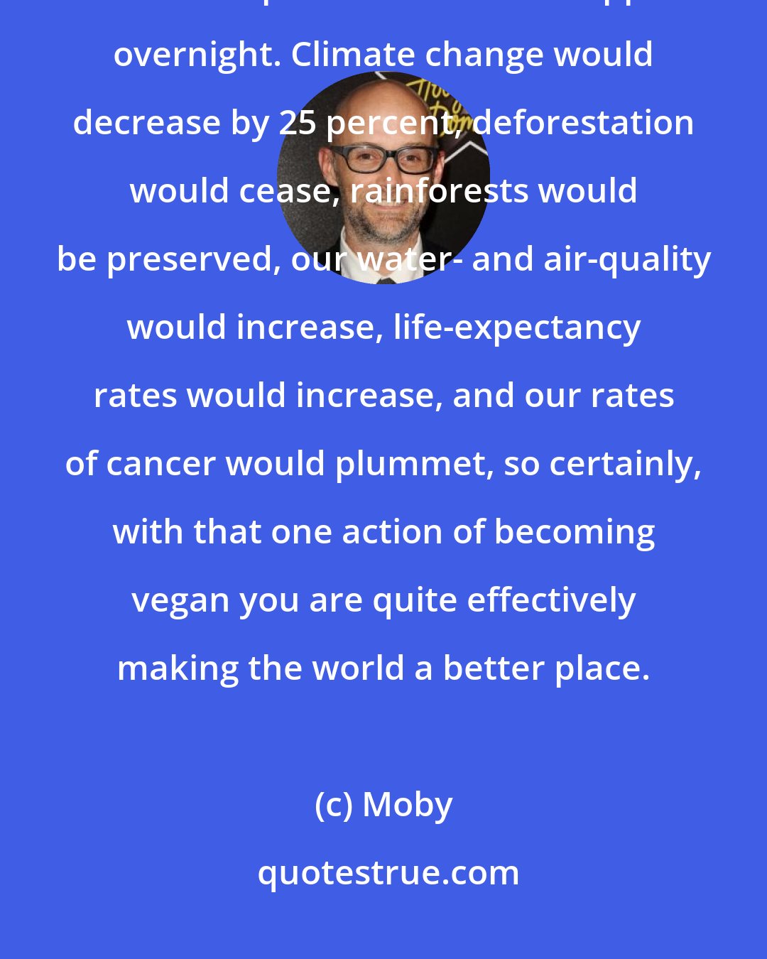 Moby: If the entire world decided to become vegan tomorrow, a whole host of the world's problems would disappear overnight. Climate change would decrease by 25 percent, deforestation would cease, rainforests would be preserved, our water- and air-quality would increase, life-expectancy rates would increase, and our rates of cancer would plummet, so certainly, with that one action of becoming vegan you are quite effectively making the world a better place.