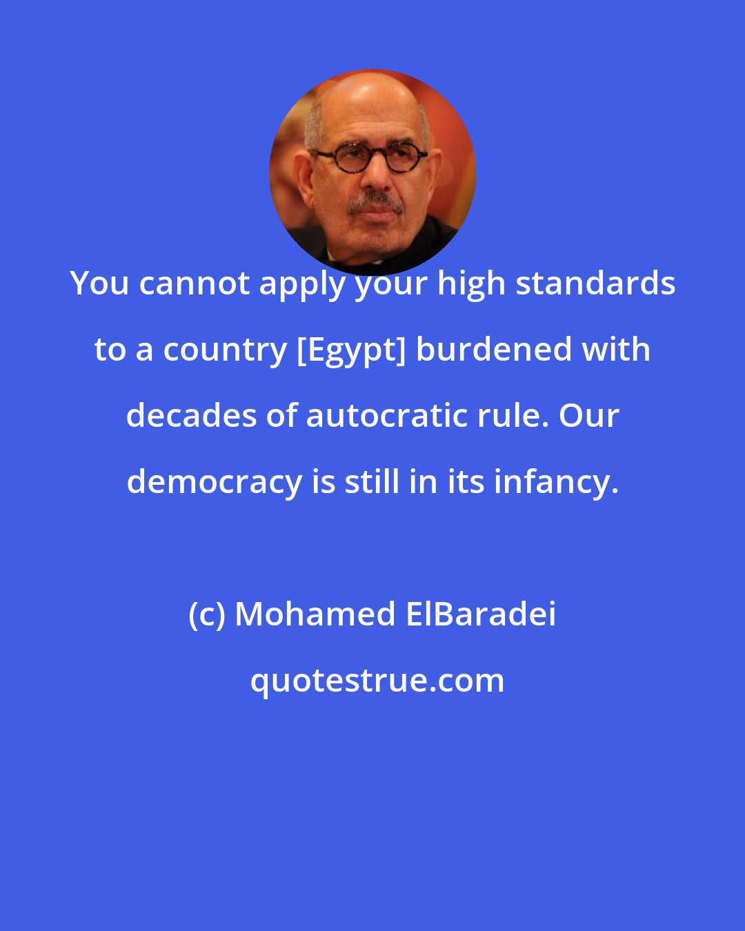 Mohamed ElBaradei: You cannot apply your high standards to a country [Egypt] burdened with decades of autocratic rule. Our democracy is still in its infancy.