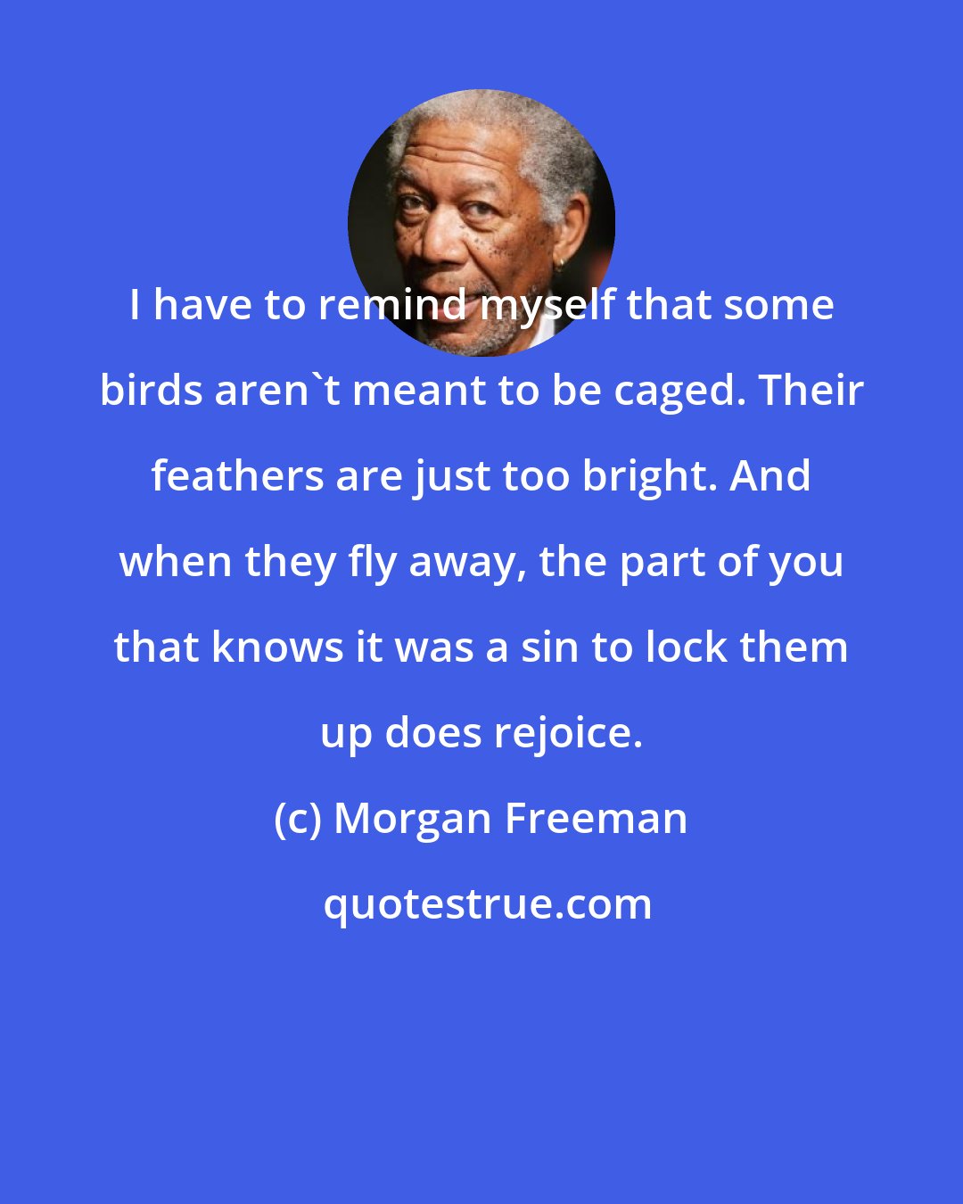 Morgan Freeman: I have to remind myself that some birds aren't meant to be caged. Their feathers are just too bright. And when they fly away, the part of you that knows it was a sin to lock them up does rejoice.