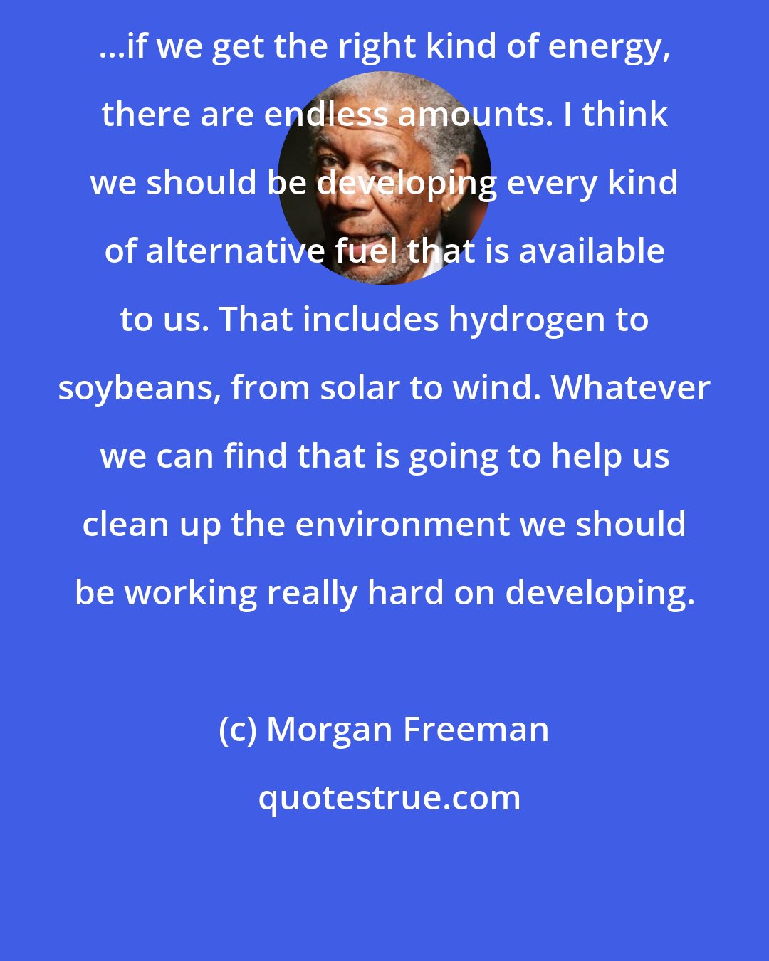 Morgan Freeman: ...if we get the right kind of energy, there are endless amounts. I think we should be developing every kind of alternative fuel that is available to us. That includes hydrogen to soybeans, from solar to wind. Whatever we can find that is going to help us clean up the environment we should be working really hard on developing.