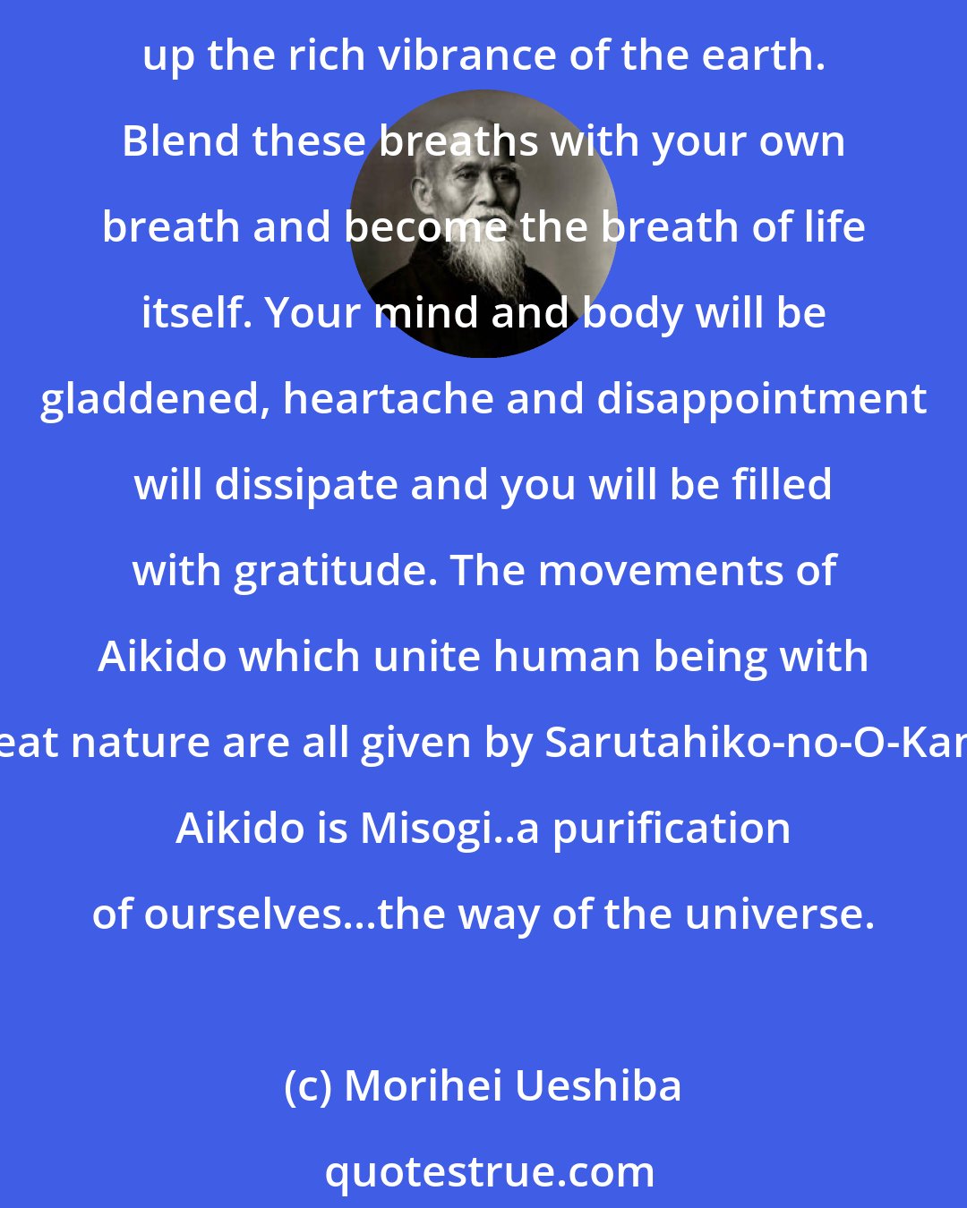 Morihei Ueshiba: Aiki is the way of the Kami and was born of the will of the Kami. Rise early in the morning to greet the sun. Inhale the breath of heaven and let the cosmos inside. Next breath up the rich vibrance of the earth. Blend these breaths with your own breath and become the breath of life itself. Your mind and body will be gladdened, heartache and disappointment will dissipate and you will be filled with gratitude. The movements of Aikido which unite human being with great nature are all given by Sarutahiko-no-O-Kami. Aikido is Misogi..a purification of ourselves...the way of the universe.