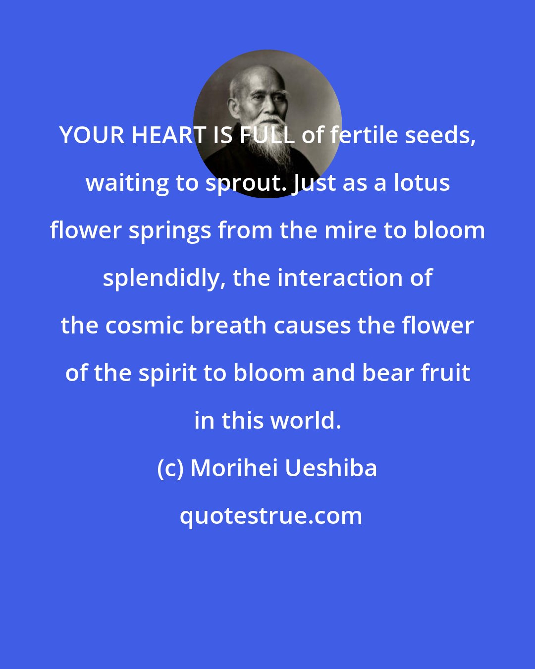 Morihei Ueshiba: YOUR HEART IS FULL of fertile seeds, waiting to sprout. Just as a lotus flower springs from the mire to bloom splendidly, the interaction of the cosmic breath causes the flower of the spirit to bloom and bear fruit in this world.