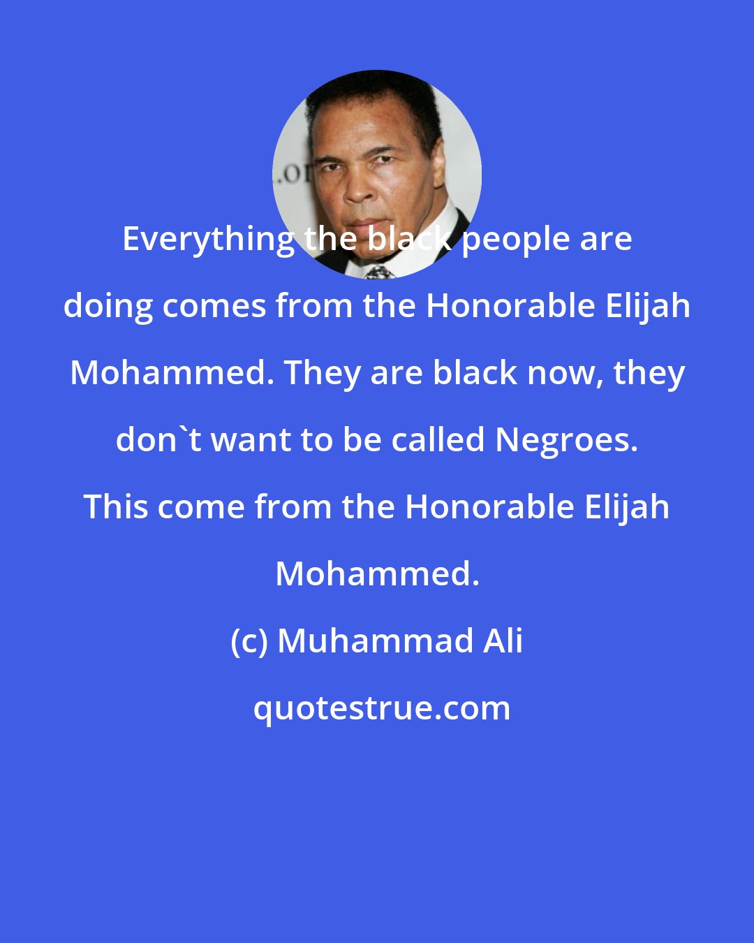 Muhammad Ali: Everything the black people are doing comes from the Honorable Elijah Mohammed. They are black now, they don't want to be called Negroes. This come from the Honorable Elijah Mohammed.