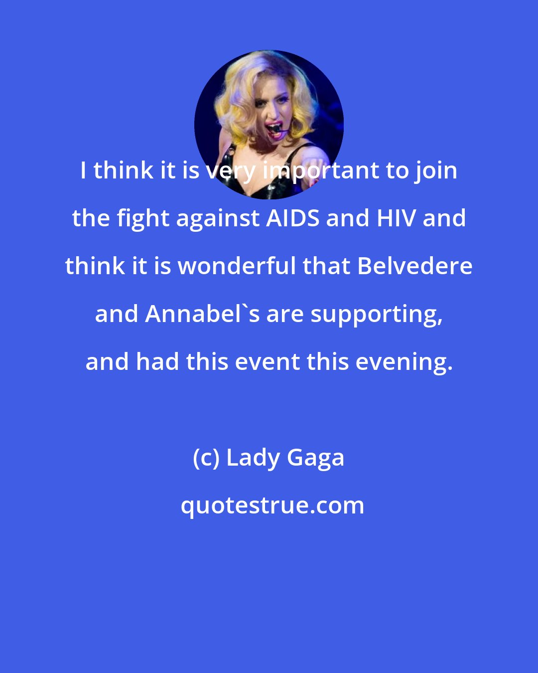 Lady Gaga: I think it is very important to join the fight against AIDS and HIV and think it is wonderful that Belvedere and Annabel's are supporting, and had this event this evening.