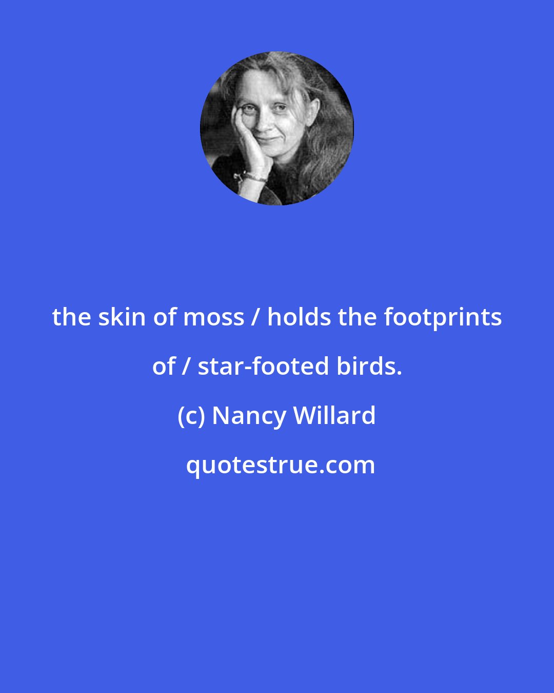 Nancy Willard: the skin of moss / holds the footprints of / star-footed birds.