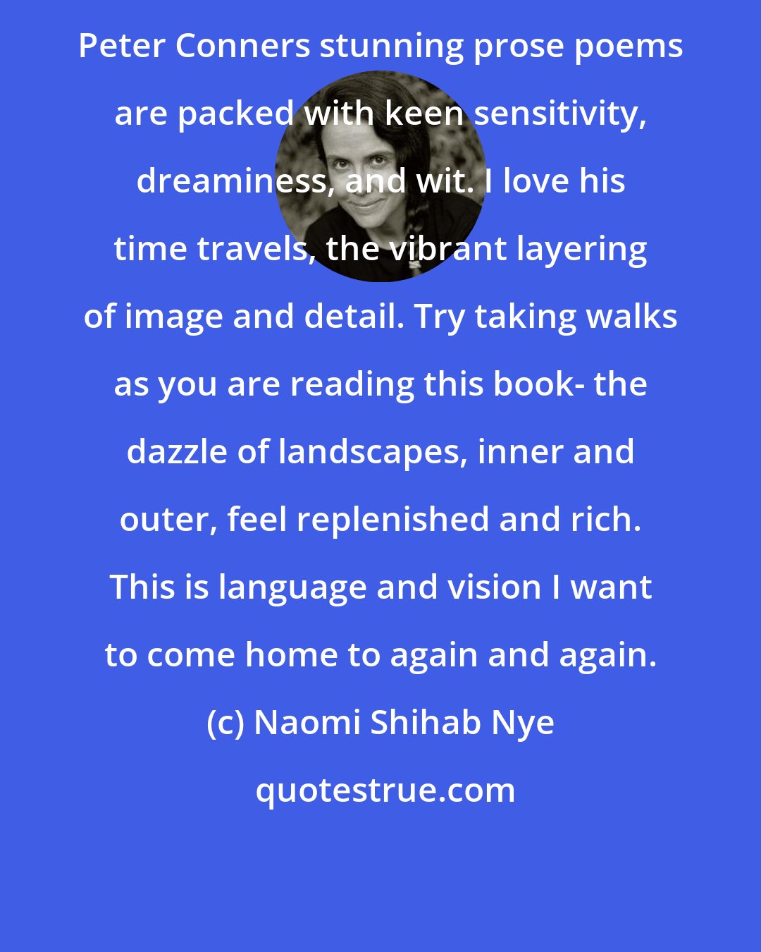 Naomi Shihab Nye: Peter Conners stunning prose poems are packed with keen sensitivity, dreaminess, and wit. I love his time travels, the vibrant layering of image and detail. Try taking walks as you are reading this book- the dazzle of landscapes, inner and outer, feel replenished and rich. This is language and vision I want to come home to again and again.