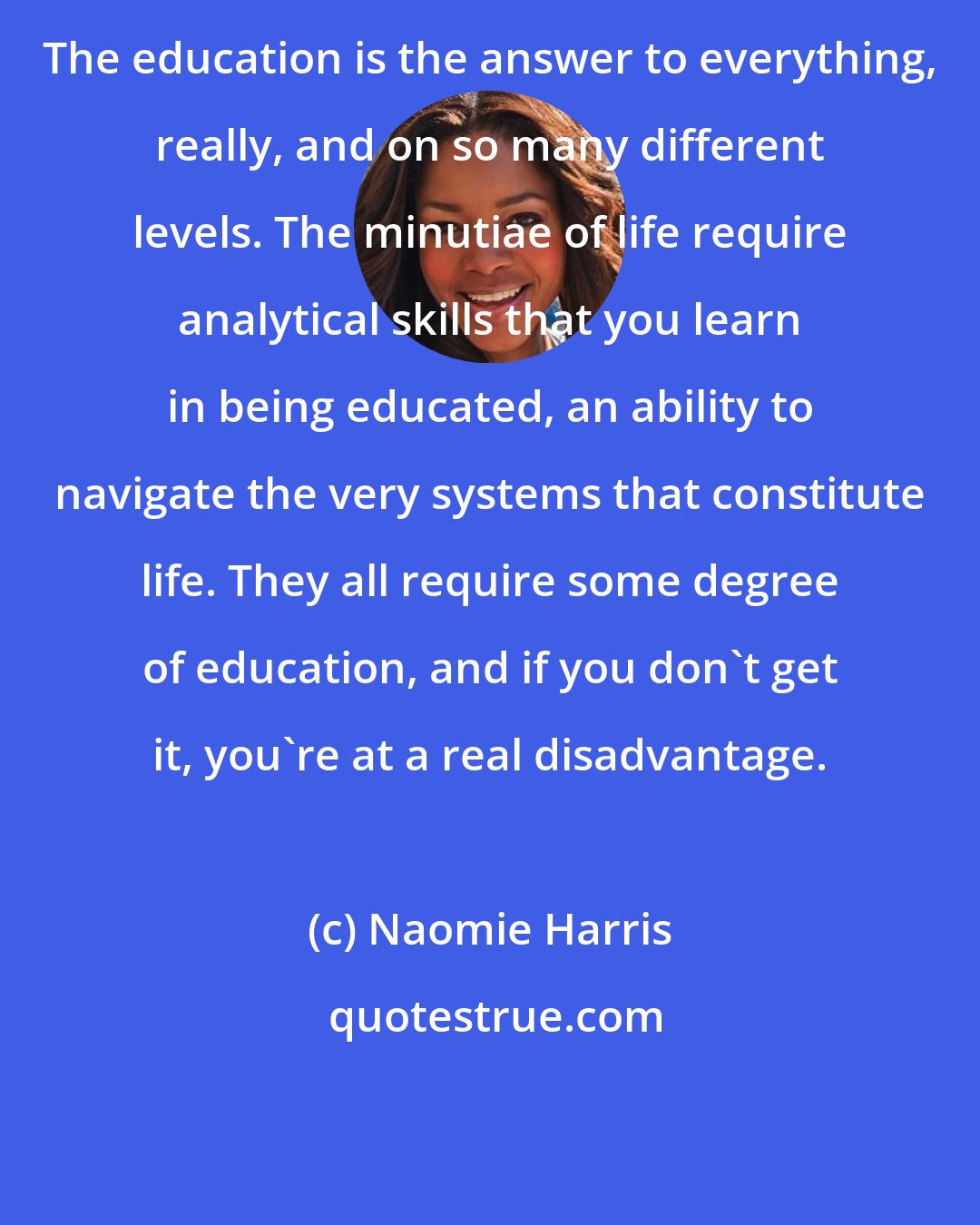Naomie Harris: The education is the answer to everything, really, and on so many different levels. The minutiae of life require analytical skills that you learn in being educated, an ability to navigate the very systems that constitute life. They all require some degree of education, and if you don't get it, you're at a real disadvantage.