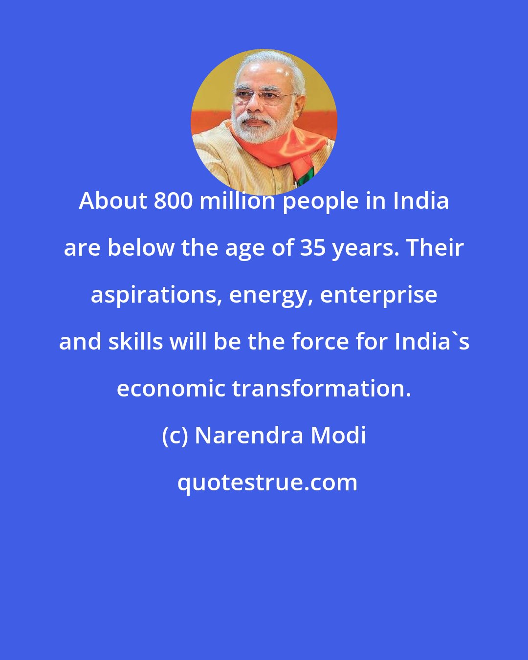 Narendra Modi: About 800 million people in India are below the age of 35 years. Their aspirations, energy, enterprise and skills will be the force for India's economic transformation.