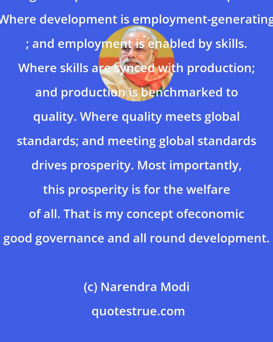 Narendra Modi: The government must nurture an eco-system where the economy is primed for growth; and growth promotes all-rounddevelopment. Where development is employment-generating ; and employment is enabled by skills. Where skills are synced with production; and production is benchmarked to quality. Where quality meets global standards; and meeting global standards drives prosperity. Most importantly, this prosperity is for the welfare of all. That is my concept ofeconomic good governance and all round development.