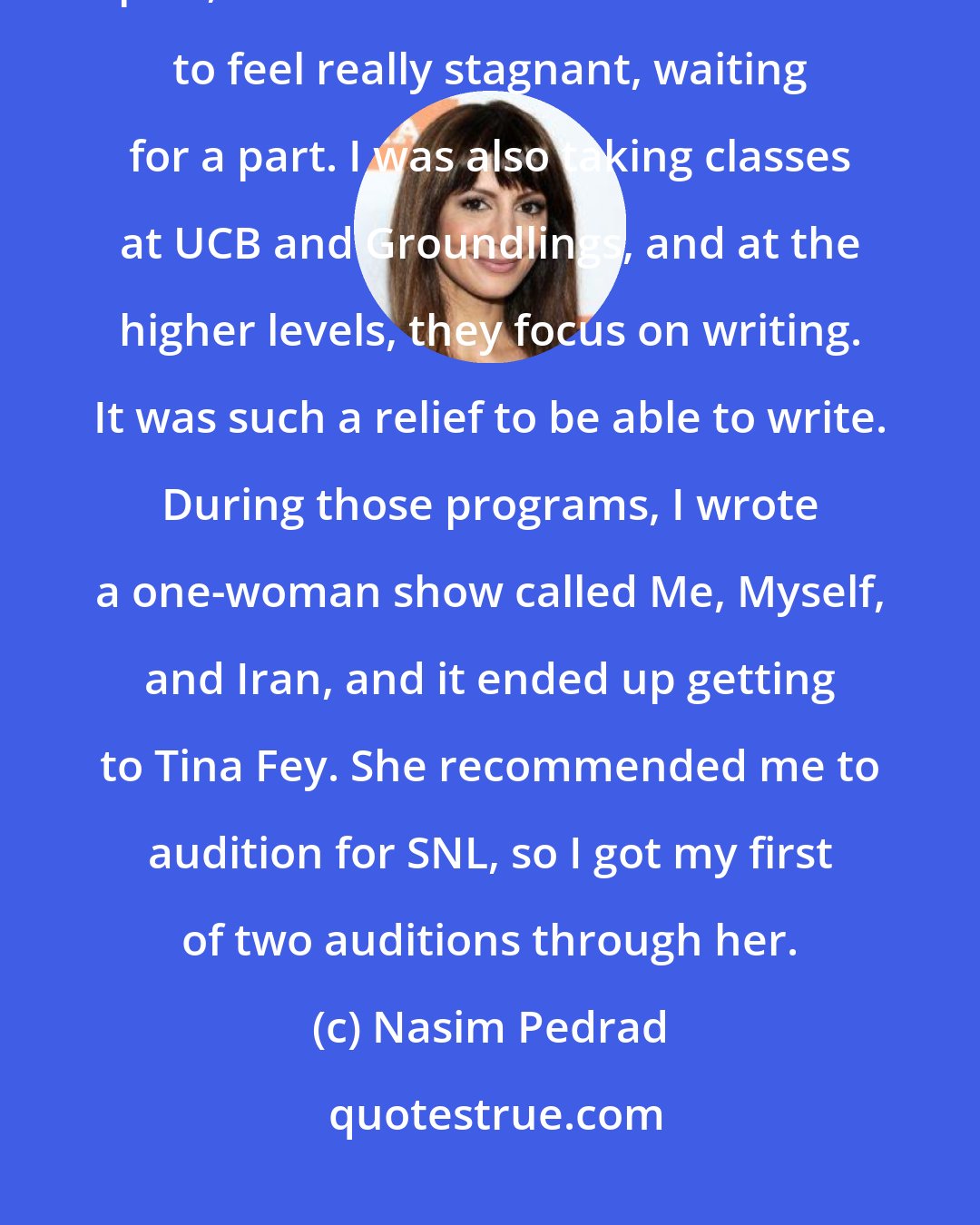 Nasim Pedrad: At the time, I was in L.A., just auditioning and hoping to land a part, dramatic or comedic. I started to feel really stagnant, waiting for a part. I was also taking classes at UCB and Groundlings, and at the higher levels, they focus on writing. It was such a relief to be able to write. During those programs, I wrote a one-woman show called Me, Myself, and Iran, and it ended up getting to Tina Fey. She recommended me to audition for SNL, so I got my first of two auditions through her.