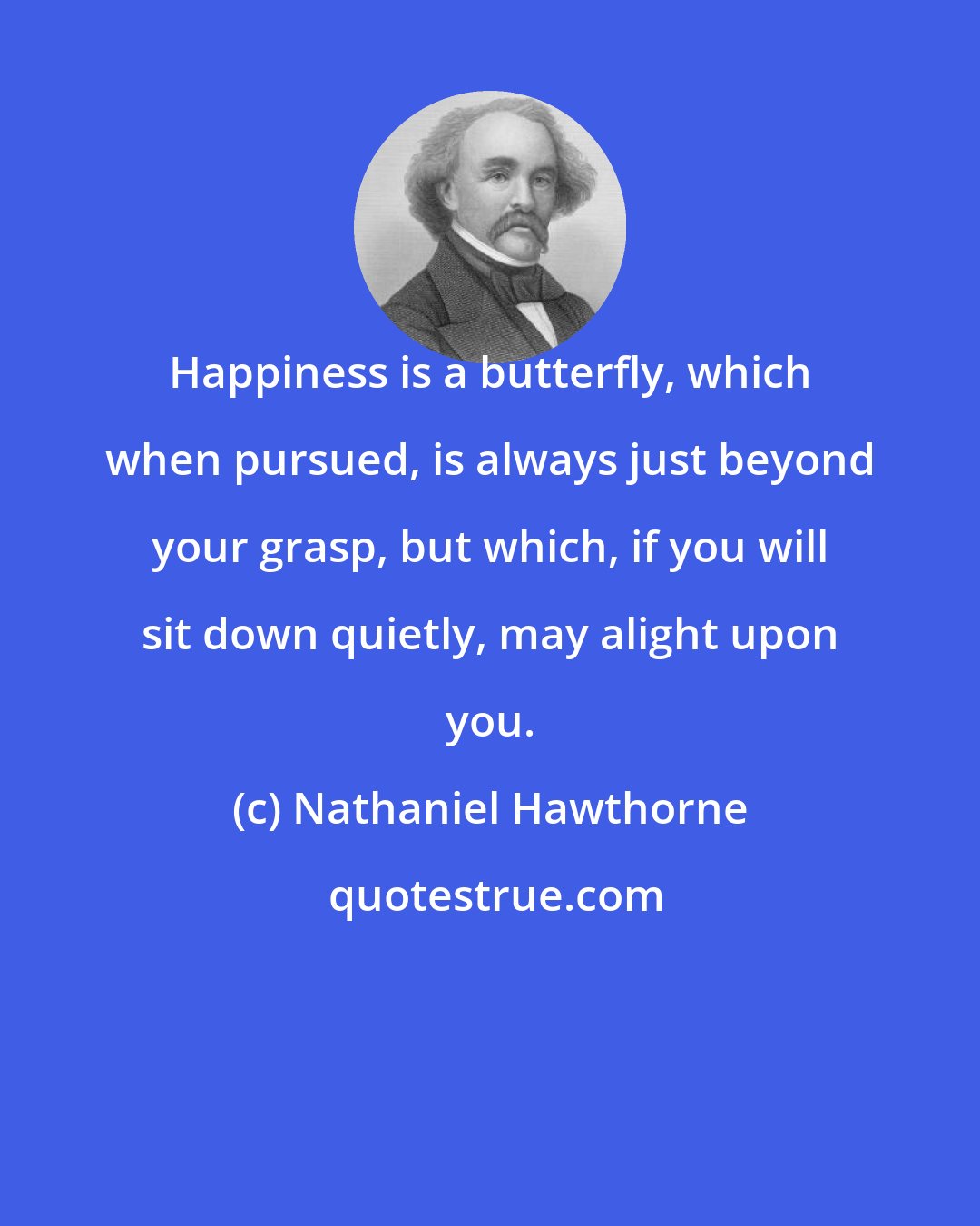 Nathaniel Hawthorne: Happiness is a butterfly, which when pursued, is always just beyond your grasp, but which, if you will sit down quietly, may alight upon you.