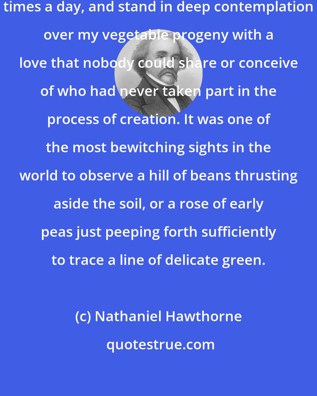 Nathaniel Hawthorne: I used to visit and revisit it a dozen times a day, and stand in deep contemplation over my vegetable progeny with a love that nobody could share or conceive of who had never taken part in the process of creation. It was one of the most bewitching sights in the world to observe a hill of beans thrusting aside the soil, or a rose of early peas just peeping forth sufficiently to trace a line of delicate green.