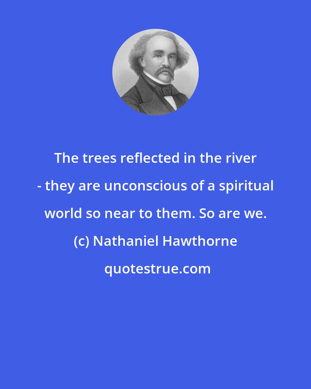 Nathaniel Hawthorne: The trees reflected in the river - they are unconscious of a spiritual world so near to them. So are we.