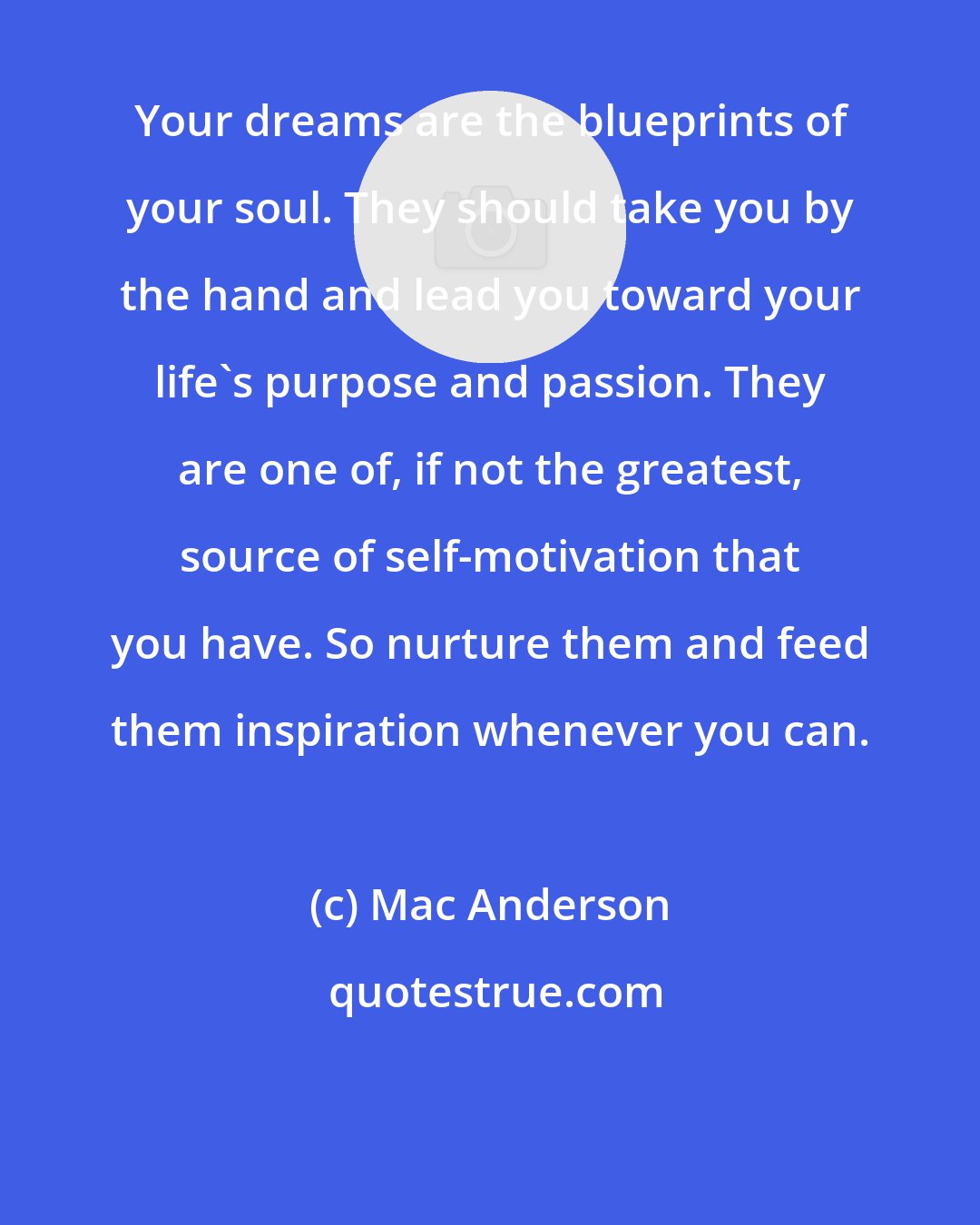 Mac Anderson: Your dreams are the blueprints of your soul. They should take you by the hand and lead you toward your life's purpose and passion. They are one of, if not the greatest, source of self-motivation that you have. So nurture them and feed them inspiration whenever you can.