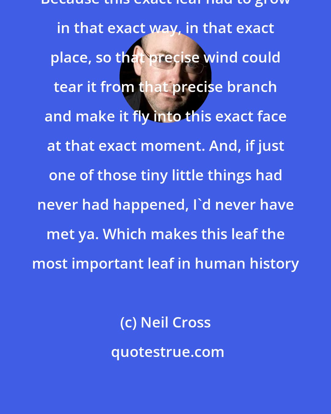 Neil Cross: Because this exact leaf had to grow in that exact way, in that exact place, so that precise wind could tear it from that precise branch and make it fly into this exact face at that exact moment. And, if just one of those tiny little things had never had happened, I'd never have met ya. Which makes this leaf the most important leaf in human history