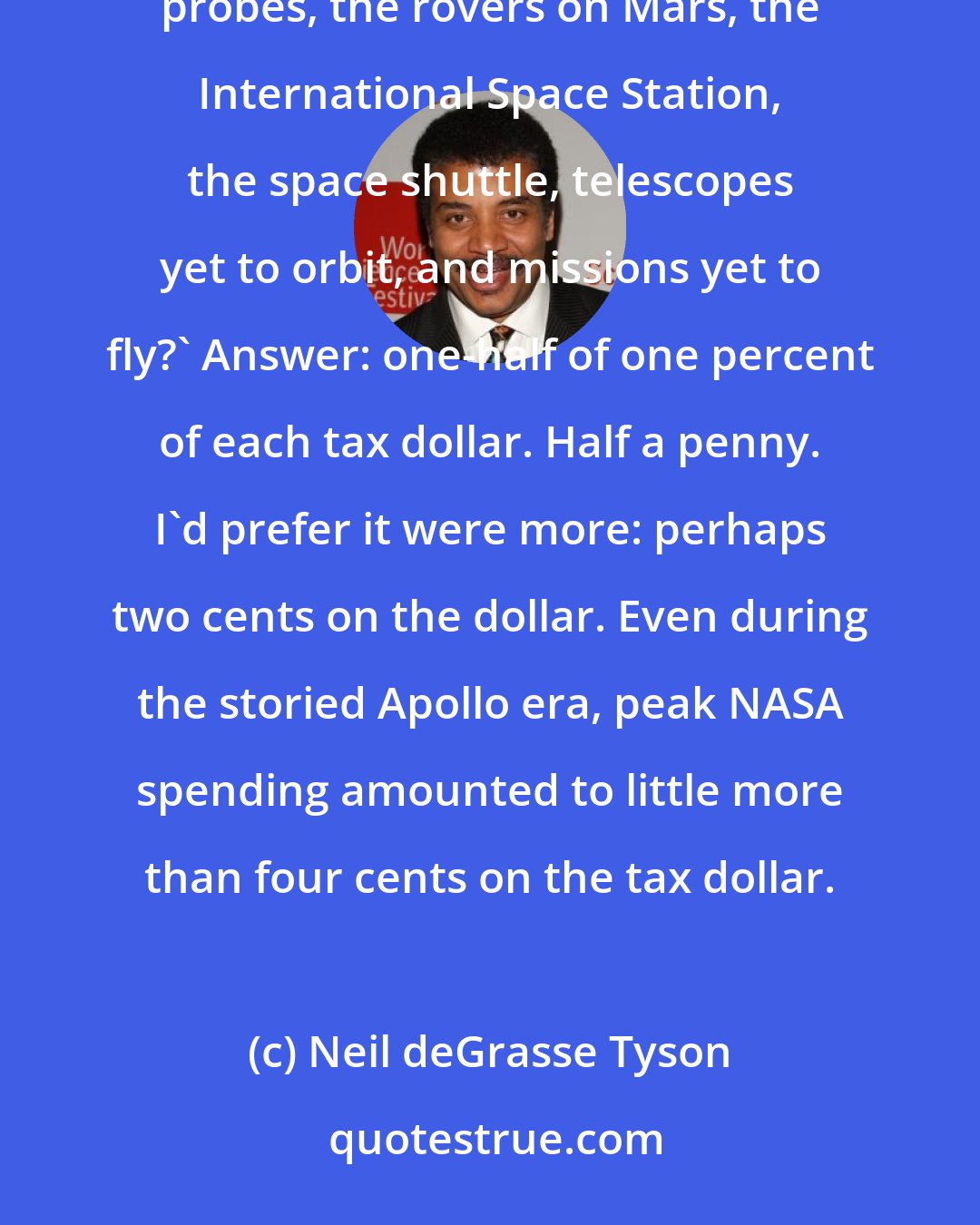 Neil deGrasse Tyson: 'As a fraction of your tax dollar today, what is the total cost of all spaceborne telescopes, planetary probes, the rovers on Mars, the International Space Station, the space shuttle, telescopes yet to orbit, and missions yet to fly?' Answer: one-half of one percent of each tax dollar. Half a penny. I'd prefer it were more: perhaps two cents on the dollar. Even during the storied Apollo era, peak NASA spending amounted to little more than four cents on the tax dollar.