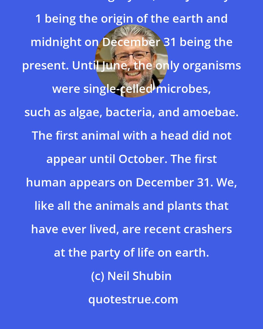 Neil Shubin: Take the entire 4.5-billion-year history of the earth and scale it down to a single year, with January 1 being the origin of the earth and midnight on December 31 being the present. Until June, the only organisms were single-celled microbes, such as algae, bacteria, and amoebae. The first animal with a head did not appear until October. The first human appears on December 31. We, like all the animals and plants that have ever lived, are recent crashers at the party of life on earth.
