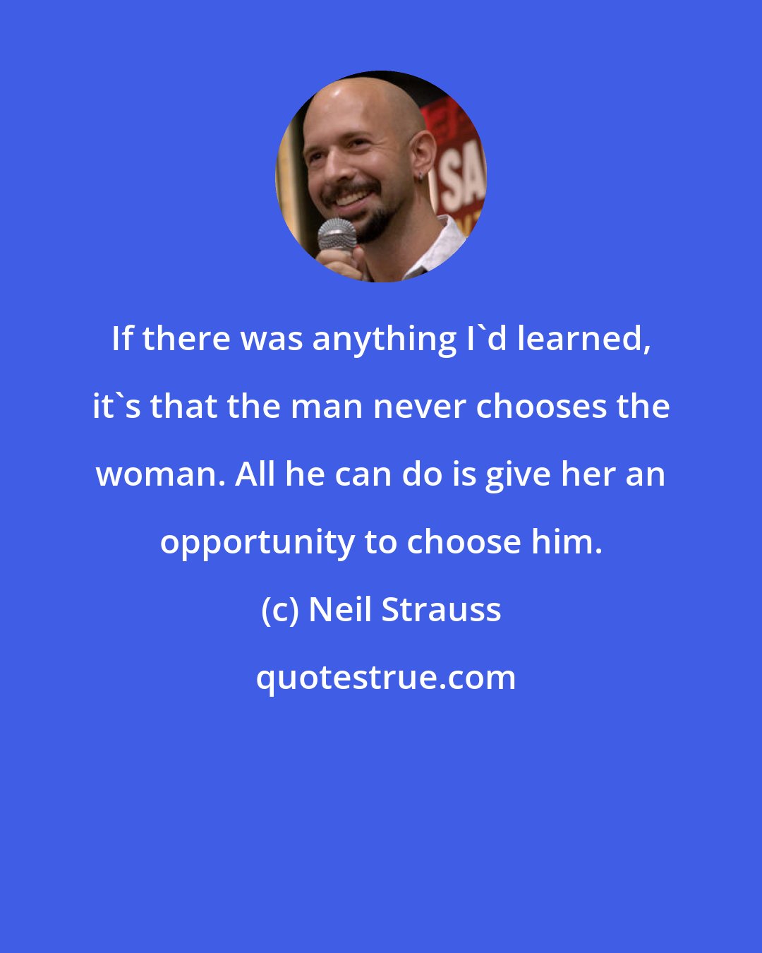 Neil Strauss: If there was anything I'd learned, it's that the man never chooses the woman. All he can do is give her an opportunity to choose him.