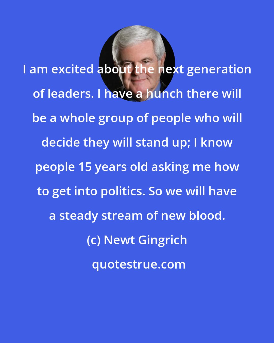 Newt Gingrich: I am excited about the next generation of leaders. I have a hunch there will be a whole group of people who will decide they will stand up; I know people 15 years old asking me how to get into politics. So we will have a steady stream of new blood.