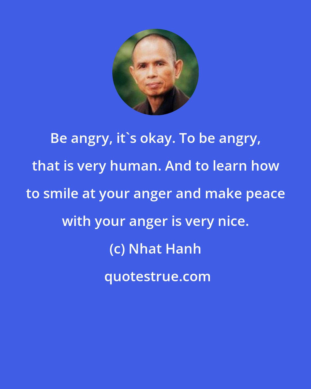 Nhat Hanh: Be angry, it's okay. To be angry, that is very human. And to learn how to smile at your anger and make peace with your anger is very nice.