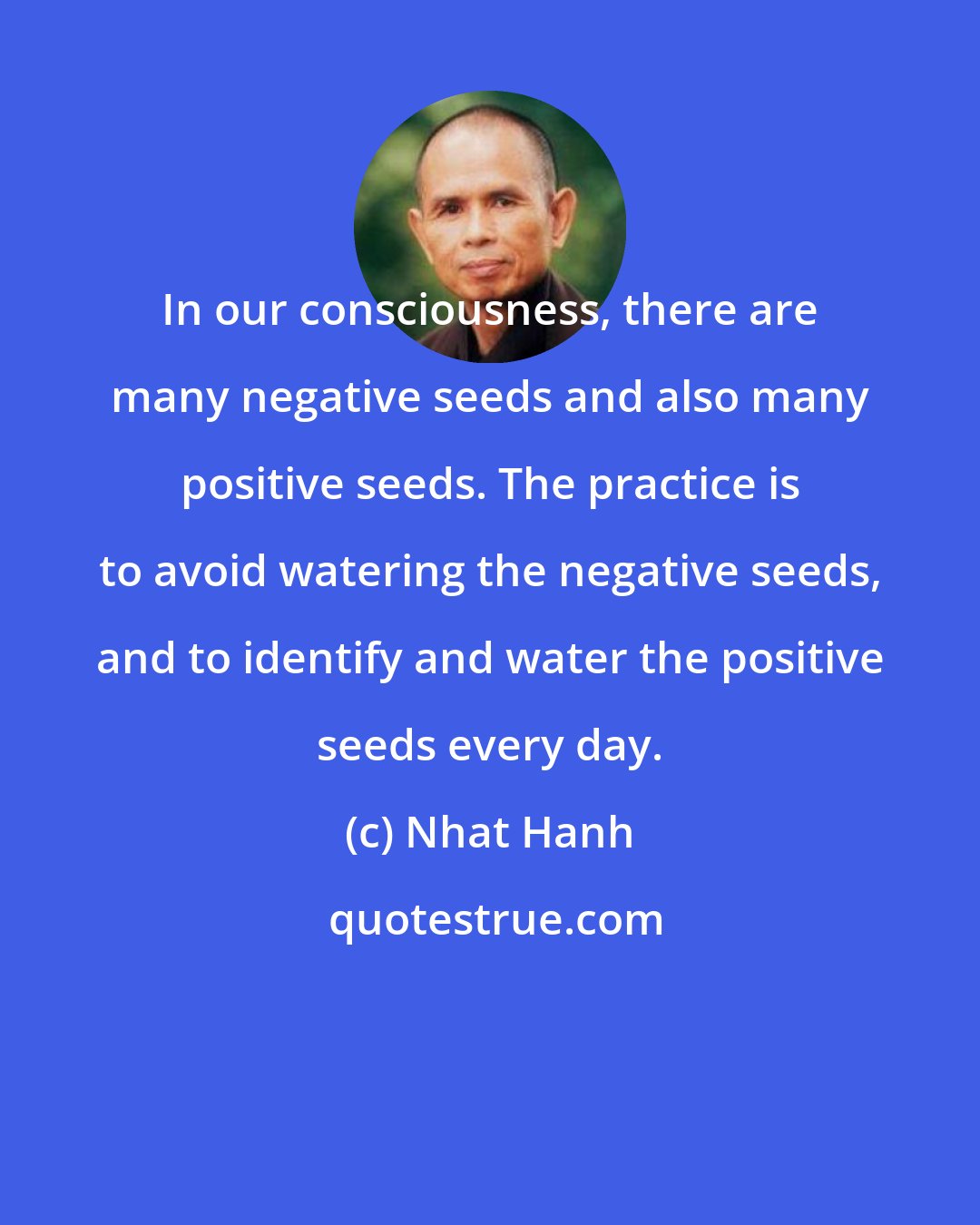 Nhat Hanh: In our consciousness, there are many negative seeds and also many positive seeds. The practice is to avoid watering the negative seeds, and to identify and water the positive seeds every day.