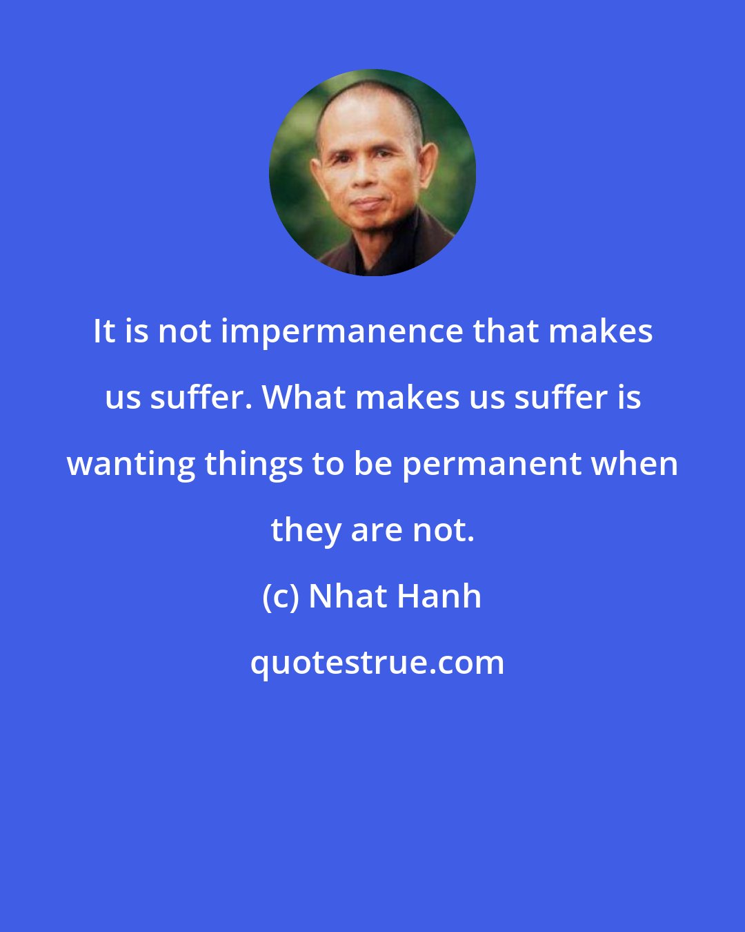 Nhat Hanh: It is not impermanence that makes us suffer. What makes us suffer is wanting things to be permanent when they are not.