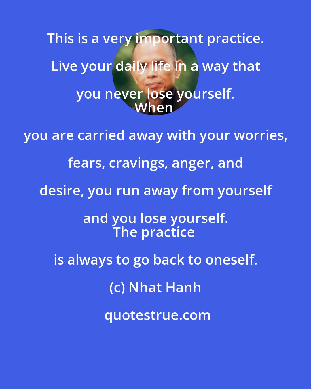 Nhat Hanh: This is a very important practice. Live your daily life in a way that you never lose yourself. 
When you are carried away with your worries, fears, cravings, anger, and desire, you run away from yourself and you lose yourself. 
The practice is always to go back to oneself.