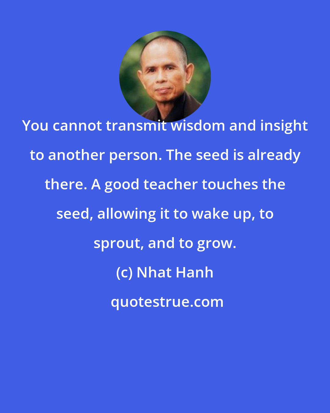 Nhat Hanh: You cannot transmit wisdom and insight to another person. The seed is already there. A good teacher touches the seed, allowing it to wake up, to sprout, and to grow.