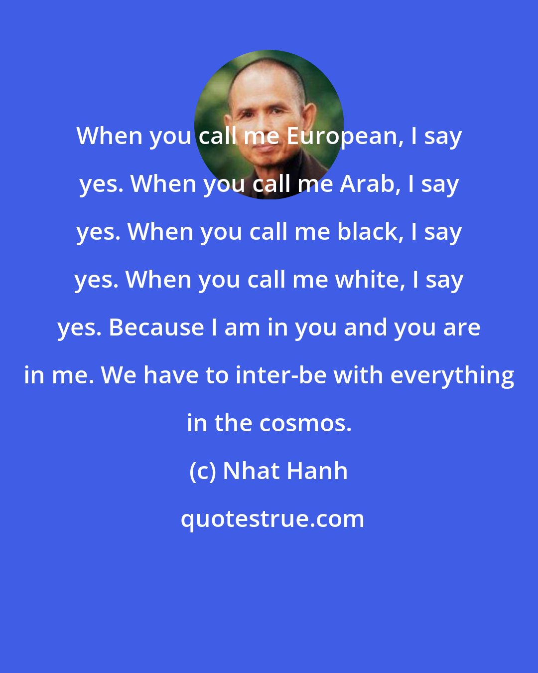 Nhat Hanh: When you call me European, I say yes. When you call me Arab, I say yes. When you call me black, I say yes. When you call me white, I say yes. Because I am in you and you are in me. We have to inter-be with everything in the cosmos.