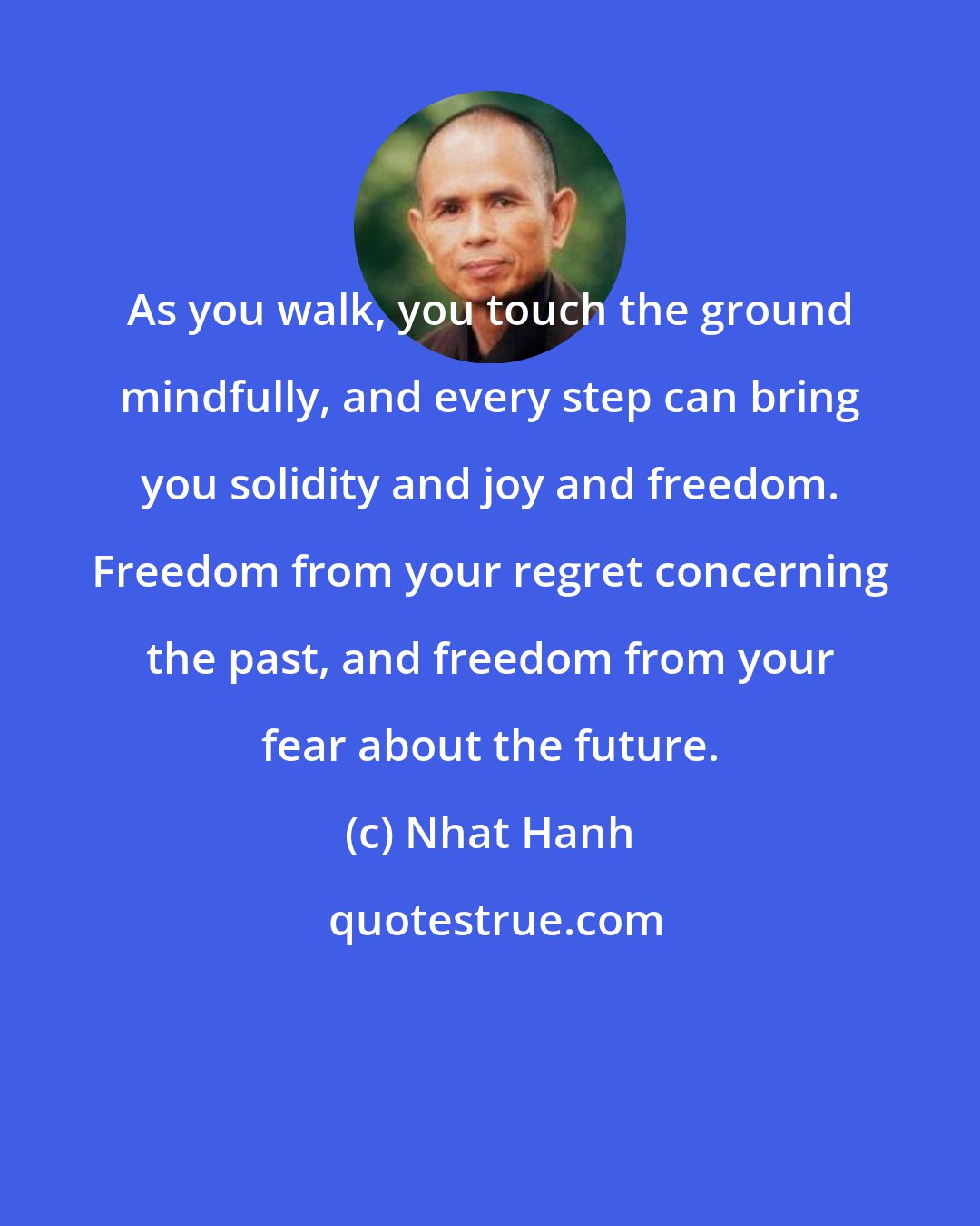 Nhat Hanh: As you walk, you touch the ground mindfully, and every step can bring you solidity and joy and freedom. Freedom from your regret concerning the past, and freedom from your fear about the future.