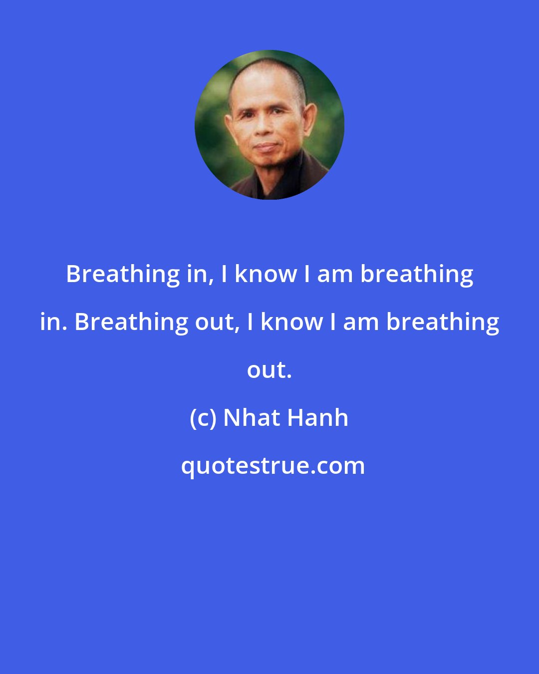 Nhat Hanh: Breathing in, I know I am breathing in. Breathing out, I know I am breathing out.