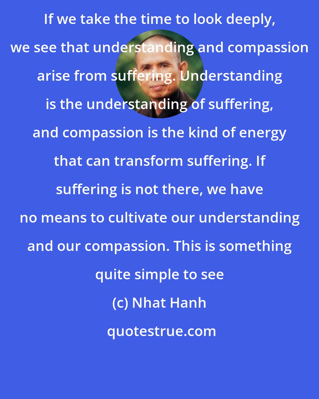 Nhat Hanh: If we take the time to look deeply, we see that understanding and compassion arise from suffering. Understanding is the understanding of suffering, and compassion is the kind of energy that can transform suffering. If suffering is not there, we have no means to cultivate our understanding and our compassion. This is something quite simple to see