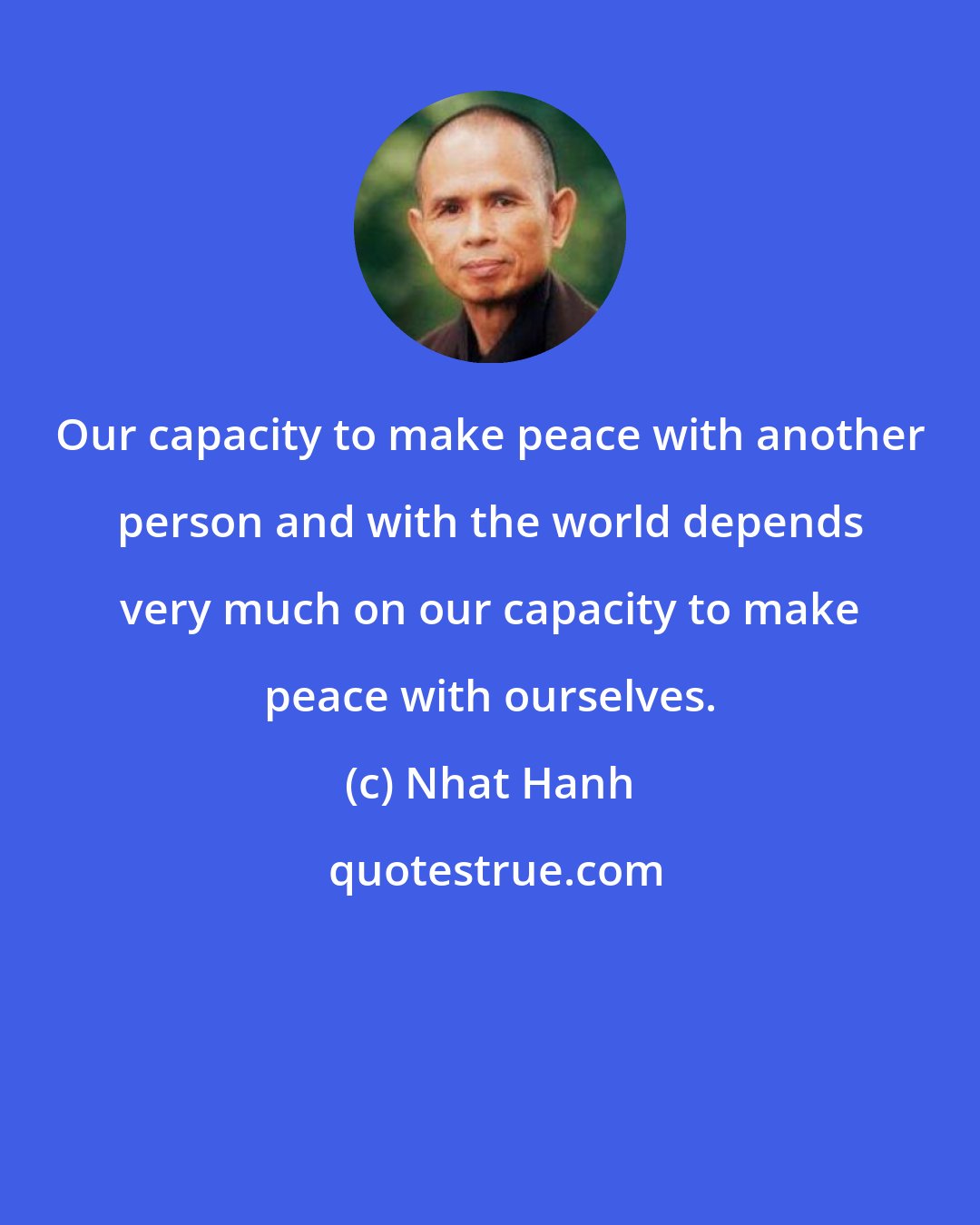 Nhat Hanh: Our capacity to make peace with another person and with the world depends very much on our capacity to make peace with ourselves.