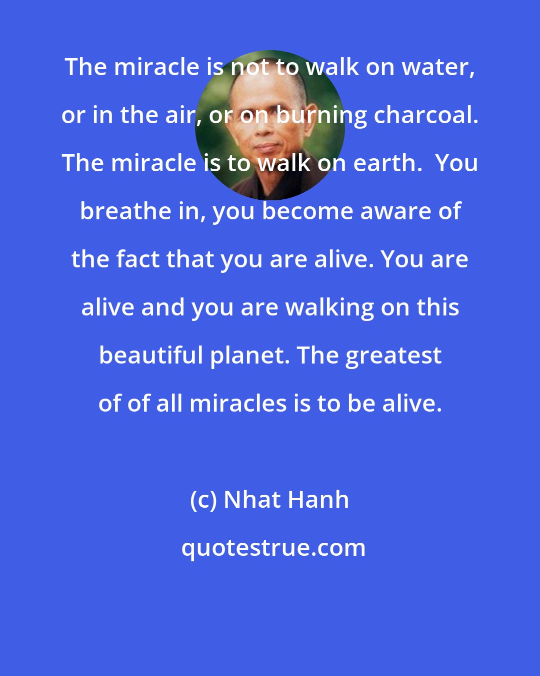 Nhat Hanh: The miracle is not to walk on water, or in the air, or on burning charcoal. The miracle is to walk on earth.  You breathe in, you become aware of the fact that you are alive. You are alive and you are walking on this beautiful planet. The greatest of of all miracles is to be alive.