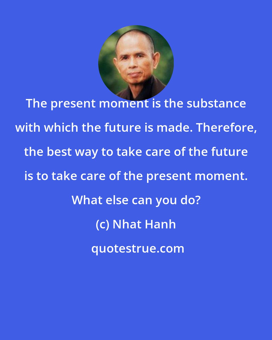 Nhat Hanh: The present moment is the substance with which the future is made. Therefore, the best way to take care of the future is to take care of the present moment. What else can you do?