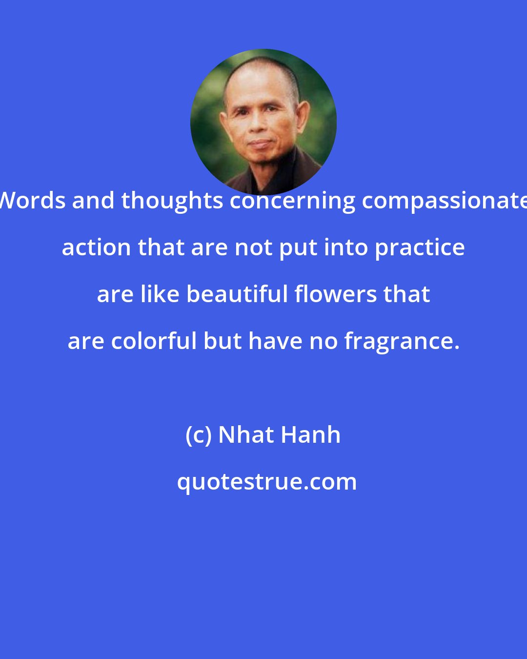 Nhat Hanh: Words and thoughts concerning compassionate action that are not put into practice are like beautiful flowers that are colorful but have no fragrance.