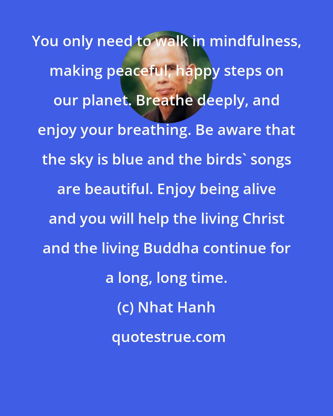 Nhat Hanh: You only need to walk in mindfulness, making peaceful, happy steps on our planet. Breathe deeply, and enjoy your breathing. Be aware that the sky is blue and the birds' songs are beautiful. Enjoy being alive and you will help the living Christ and the living Buddha continue for a long, long time.