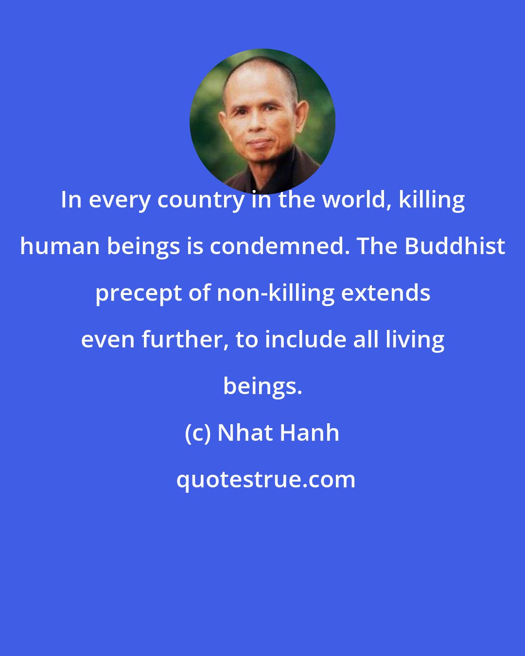 Nhat Hanh: In every country in the world, killing human beings is condemned. The Buddhist precept of non-killing extends even further, to include all living beings.