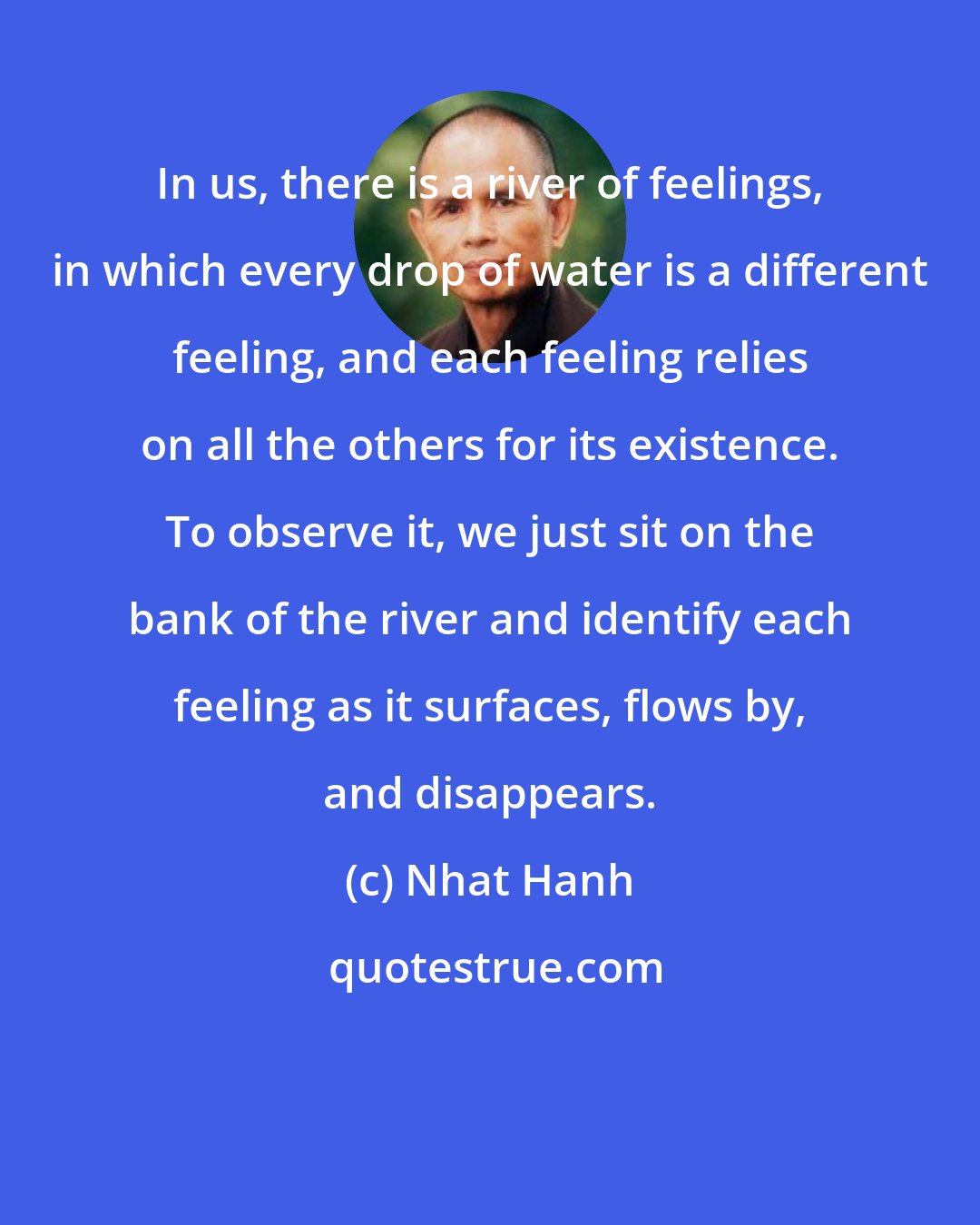 Nhat Hanh: In us, there is a river of feelings, in which every drop of water is a different feeling, and each feeling relies on all the others for its existence. To observe it, we just sit on the bank of the river and identify each feeling as it surfaces, flows by, and disappears.