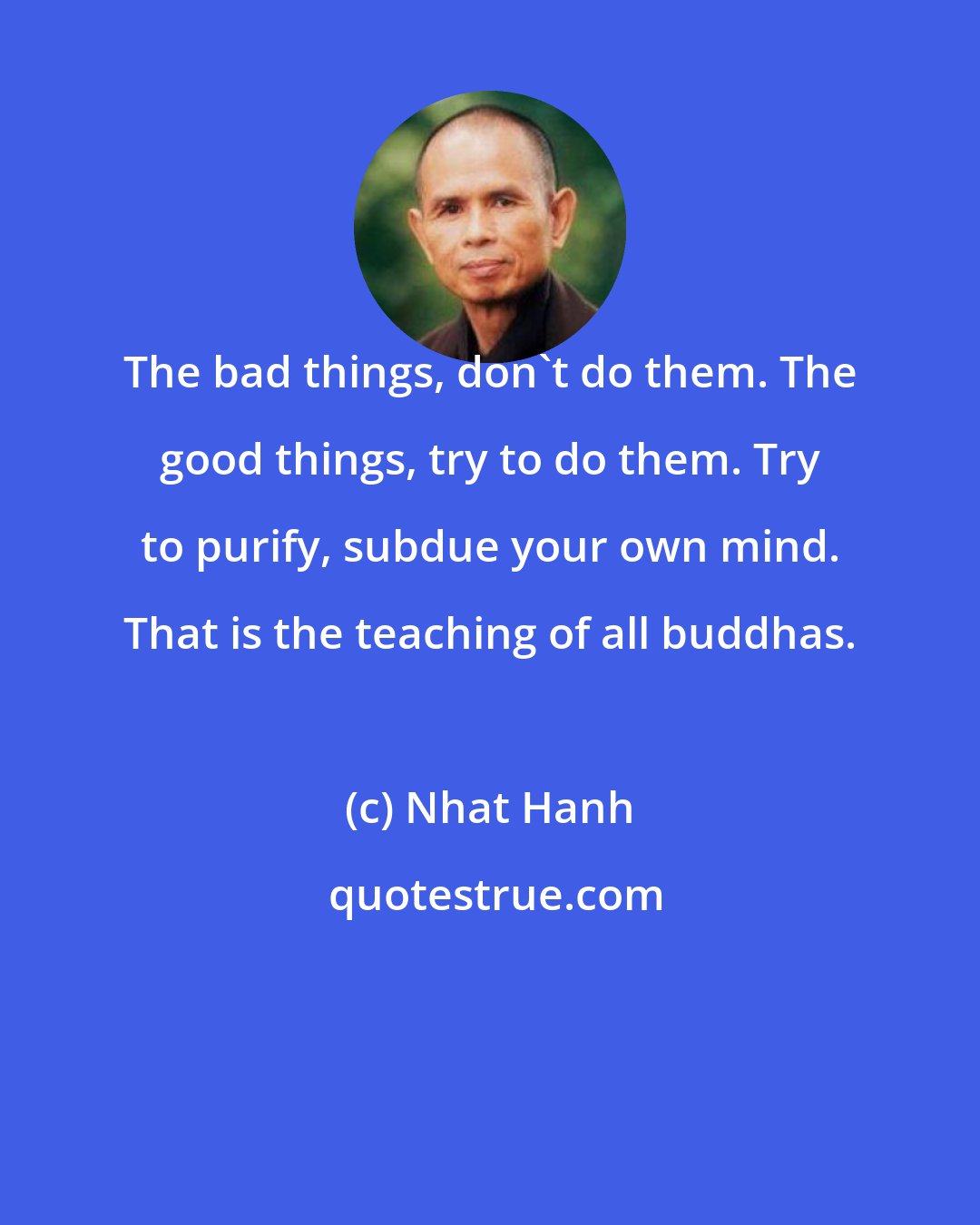 Nhat Hanh: The bad things, don't do them. The good things, try to do them. Try to purify, subdue your own mind. That is the teaching of all buddhas.