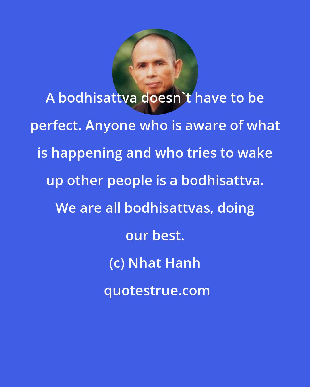 Nhat Hanh: A bodhisattva doesn't have to be perfect. Anyone who is aware of what is happening and who tries to wake up other people is a bodhisattva. We are all bodhisattvas, doing our best.